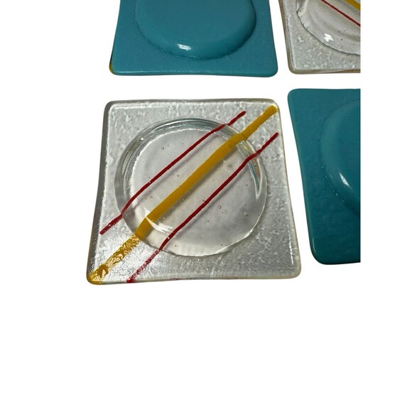 4 Art Glass Fused Artisan Coasters Blue Yellow Red  Trinket bowl Decor Vintage - Picture 14 of 16